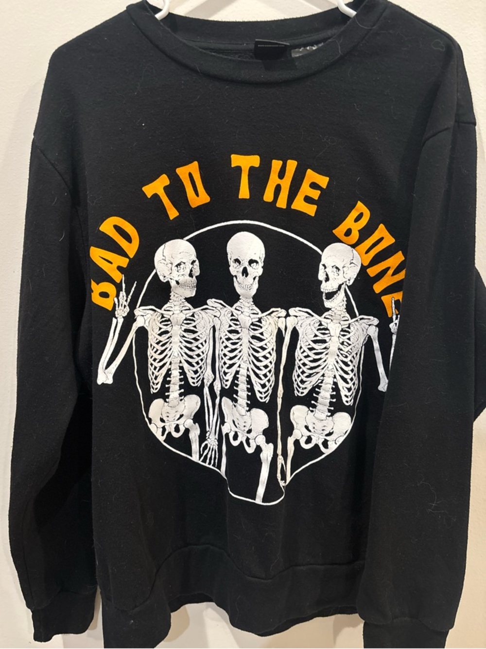 Men’s L Black 'Bad to the Bone' Skeleton Crewneck Sweater